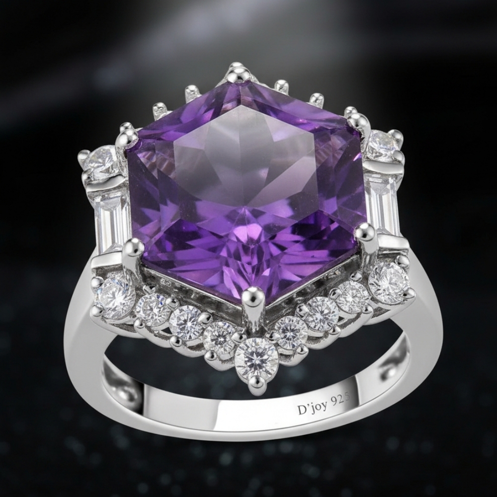 Amethyst & Natural White Zircon Ring Platinum Over 925, Premium Buff Top Cut